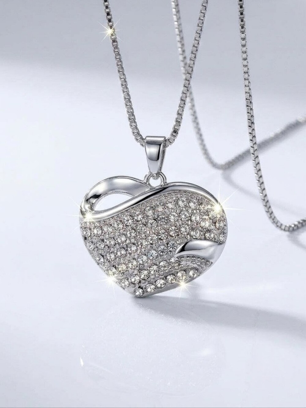 Swarovski Crystal Pavé 3D Sculptural Heart Statement Pendant Necklace Silver